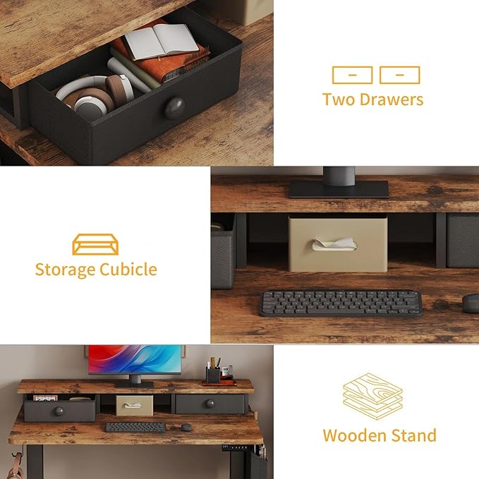 Electric Standing Desk Adjustable Height - 40 Inch Sit Stand Desk with Storage Drawers , Small Standing Desks with Shelf Monitor Stand, Kids Girls Computer Desks for Bedroom Home Office, Rustic Brown