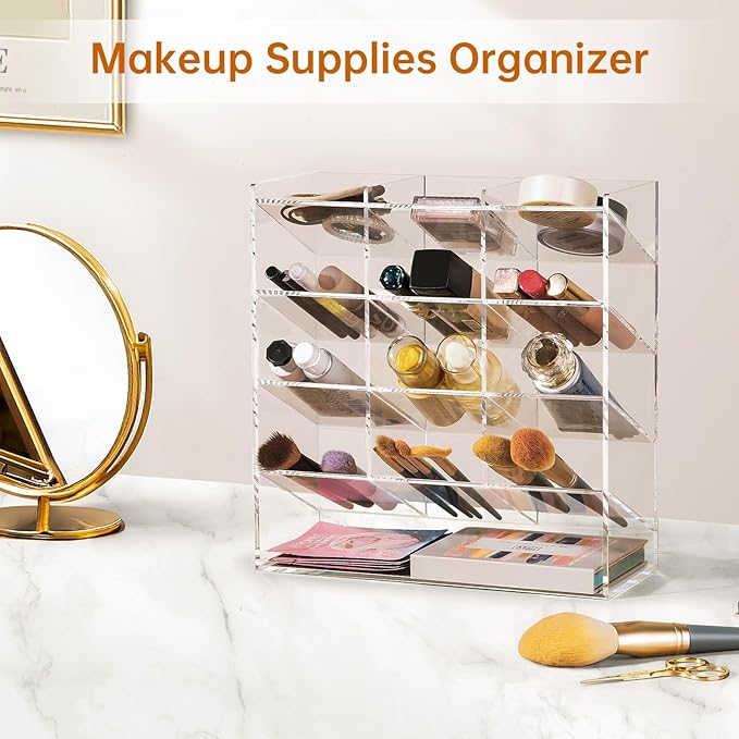 BEYGORM Acrylic Vertical Marker Organizer for 150 Markers with 13 Compartments, Clear Angled Pen & Pencil Holder, Large Desk Stationery & Art Supply Storage for Office & School (10.2 x 9.8 x 4 Inch) | for 150 Markers, Angled, Pen Holders, Desktop Organ...