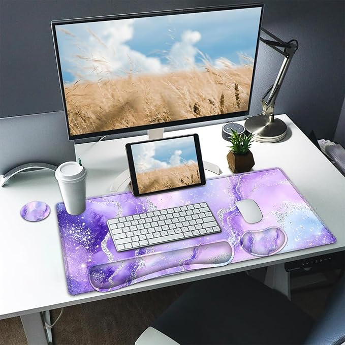 Large Mouse pad and Keyboard Support Set, Ergonomic Memory Foam Keyboard Wrist Rest, Extended Gaming Mouse Pad with Stitched Edges, Purple Glitter Agate XXL Desk Mat (31.5 X 11.8 in)