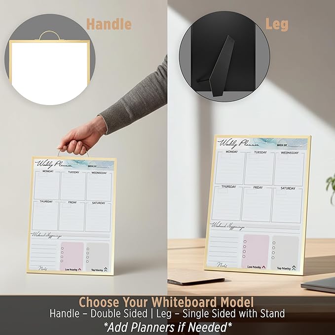 Small Whiteboard 12 x 16 Inch Magnetic Dry Erase Board with Stand & Wall Mount | Rose Gold Aluminum Frame | Planner Board with Weekly & Monthly Sheets | 3 Markers, Eraser & 2 Magnets