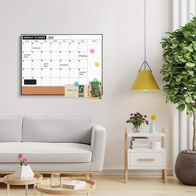 Dry Erase Calendar Cork Board Combo, 18 x 24 Inches Monthly Calendar Whiteboard for Wall, Magnetic White Board with Aluminium Alloy Frame, Hanging Dry Erase Board for Planner Office Kitchen Home Memo