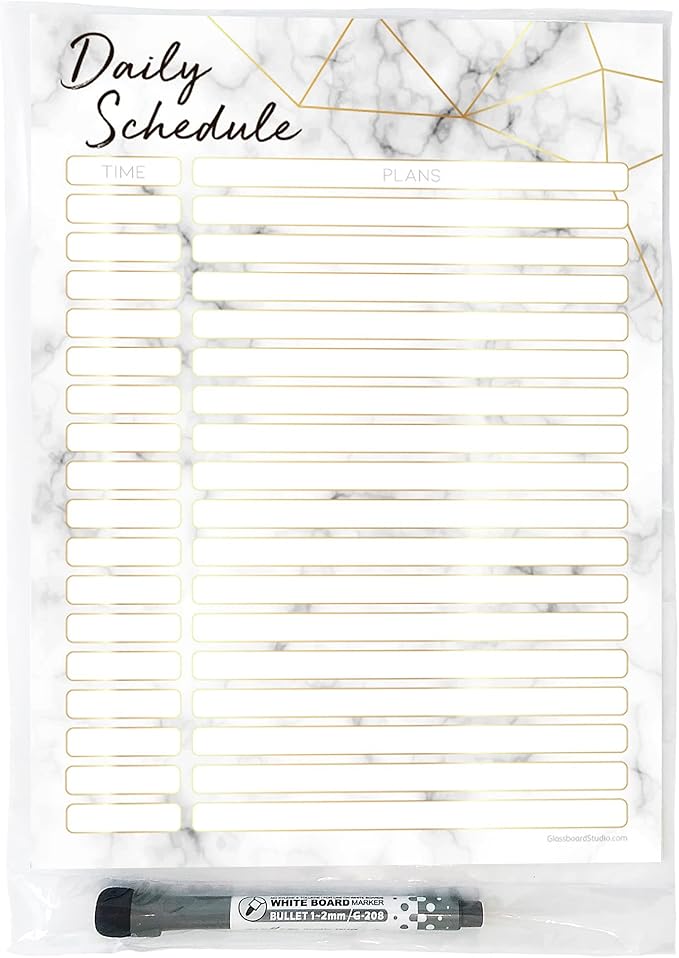 Dry Erase Daily Schedule Planner Sticker Decal by Glassboard Studio | Removable & Reusable | Magnetic Fine-Tip Marker Included (9 x 12 inches, Marble)