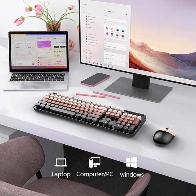 MOFII Wireless Keyboard and Mouse Combo, 2.4 GHz Full-Size Retro Round Keyboard with 8 Multimedia & Shortcut Keys, Plug and Play, Compatible with Mac, Windows, Laptop, Desktop, PC - Coffee Gradient