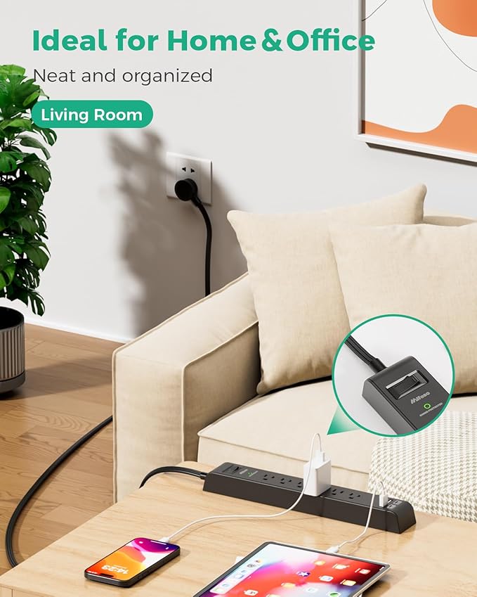 2 Pack Surge Protector Power Strip with 6 Outlets 4 USB Ports (2 USB C) 25-Foot Extension Cord Flat Plug 900 Joules 15A Circuit Breaker Wall Mount Desk USB Charging Station for Home Office