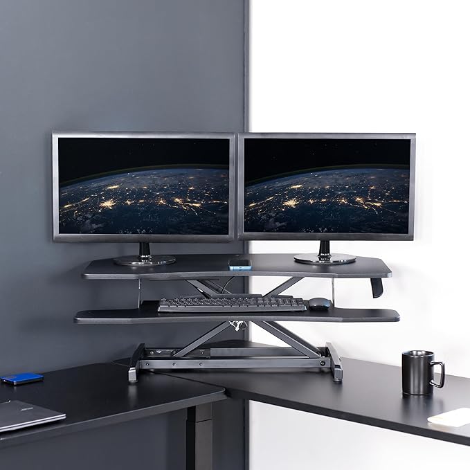 VIVO Corner Height Adjustable 38 inch Standing Desk Converter, Quick Sit to Stand Tabletop Dual Monitor Riser Workstation, DESK-V037MC