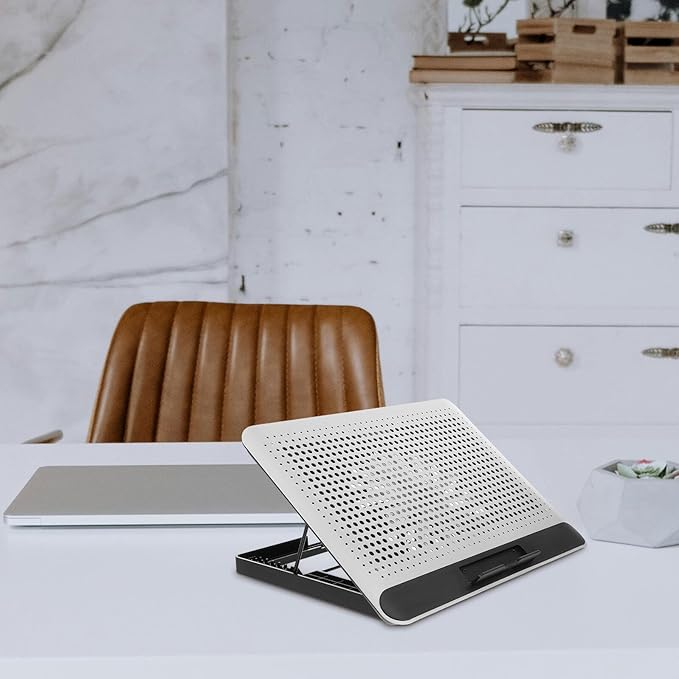 Aluminum Alloy Laptop Cooling Pad with Dual USB Ports Quiet Thin Notebook Cooler Stand for Laptops Up to Ergonomic Angles Skid-Resistant Computer Fan Support Frame in Silver