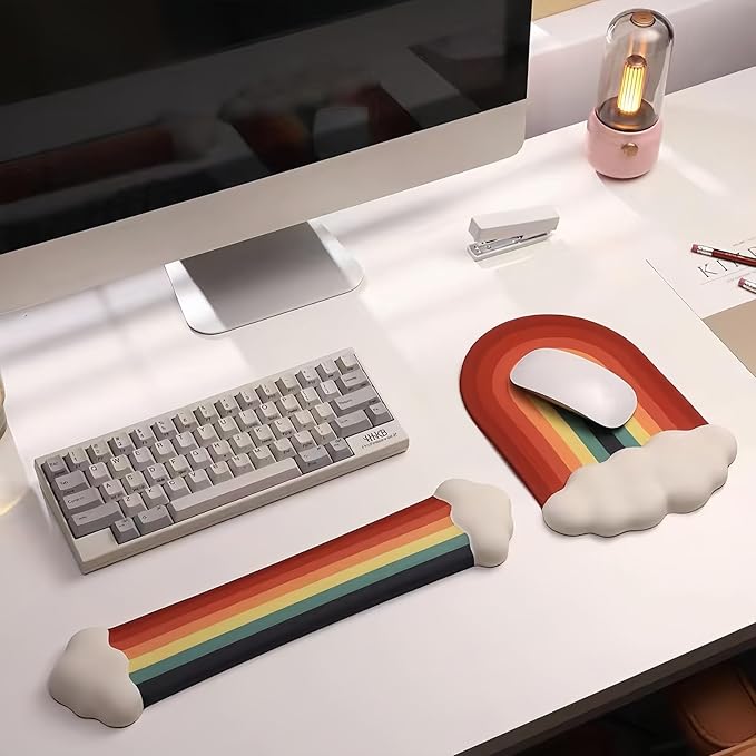Gel Cloud Keyboard Wrist Rest Cute Rainbow Mouse Pad with Wrist Rest for Computer Keyboard and Mouse Pad Set PU Base Silicone Ergonomic White Cloud Wrist Pad Support for Gaming Desk Laptop Home Office