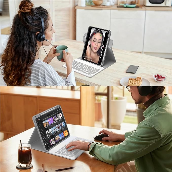 YBING Keyboard Case for iPad 10th Gen 10.9 inch (2022) & 11th Gen (A16, 2025), 7-Color Backlit Detachable Bluetooth Keypad & Rotatable Magnetic Case with Pencil Holder (Gray)