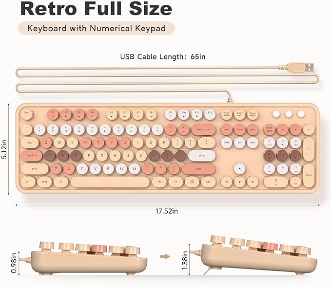 KNOWSQT Wired Computer Keyboard - Milk Tea Colorful Retro Full Size Round Keycaps Plug and Play Typewriter Cute Keyboards for Windows, Laptop, PC, Desktop, Computer