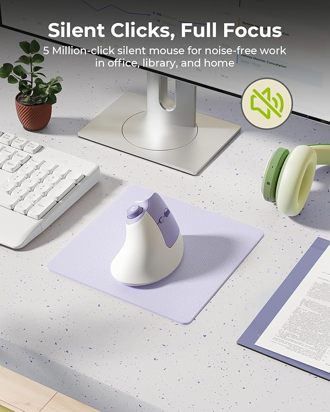 seenda Ergonomic Mouse Wireless, MOU-302 Bluetooth Vertical Mouse Rechargeable, Optical Mice with 1000/1600/2400 DPI, Volume Knob, 3 Multi-Device Connectivity for Computer/PC/Laptop/Mac, White Purple