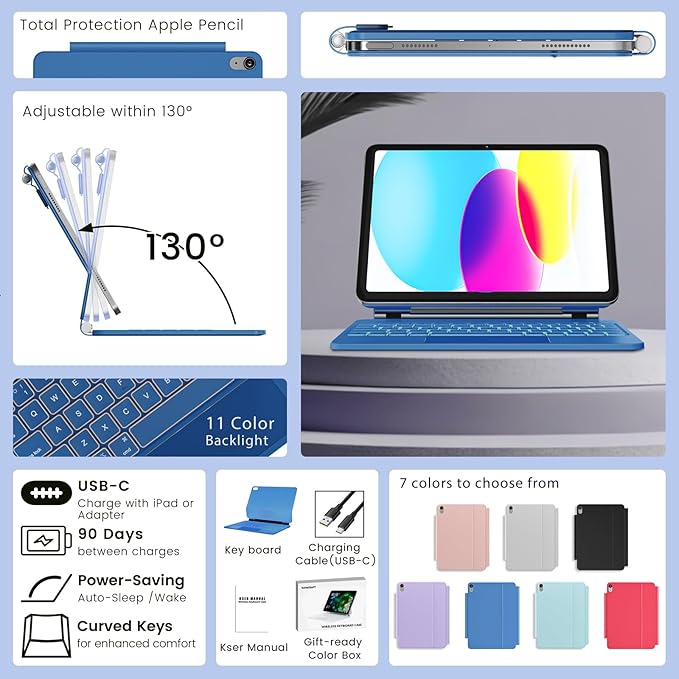 for iPad 11th (A16, 2025)/10th Generation Case with Keyboard, Magic Keyboard 2022, Springy Backlit Keys, Stain-Resistant Surface, Multi-Touch Trackpad, Steel Blue