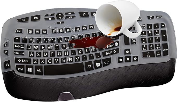 MUBUY-GOL Large Print Keyboard Cover for Logitech K350 Wireless Wave Keyboard, MK570, MK550; Black Silicone; Water Resistant, Dust Proof, Washable