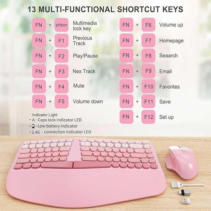 Ergonomic Wireless Keyboard Mouse, Mechanical Gaming Set with Wrist Rest & OTG & Brush Ideal for Windows PC, Home, Office and College Pink