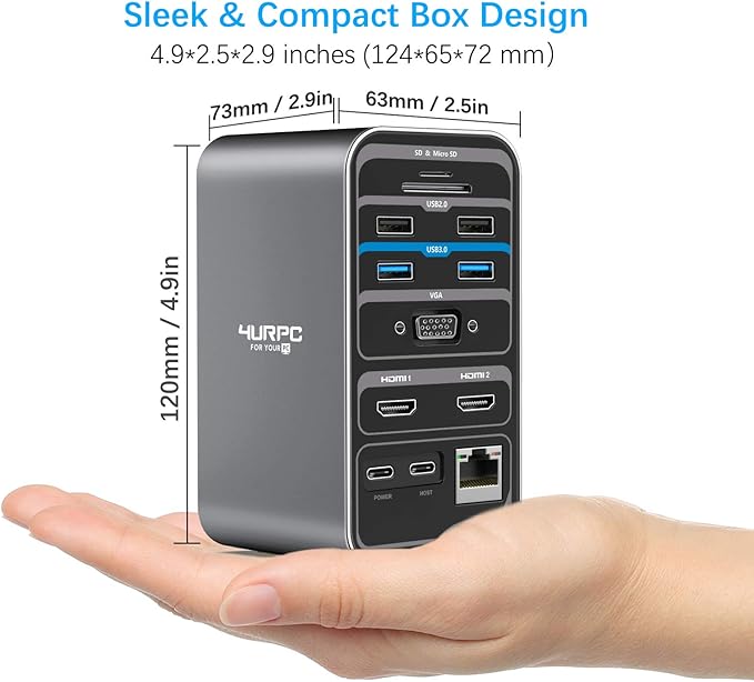 4URPC USB C Docking Station Dual Monitor, Dual HDMI USB C Dock, Laptop Docking Station with 2 HDMI Ports, VGA, 7 USB, 65W Power Adapter, Ethernet, SD/TF, Audio/Mic for Windows, and ChromeOS