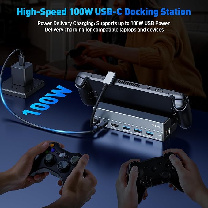 6-in-1 USB C Hub with HDMI 4K@60Hz, 100W PD Charging, 3 USB 3.0 Ports, Gigabit Ethernet, Aluminum Alloy USB-C Docking Station for Steam Deck, Laptop, macOS, Windows, Linux, Gaming Devices