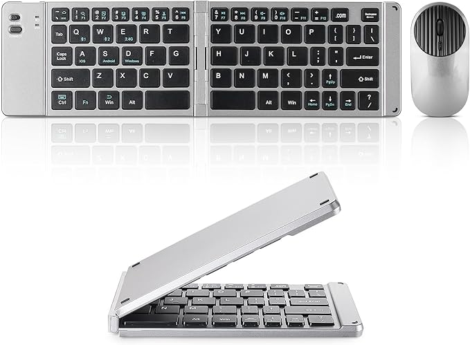 Mini Rechargeable Foldable Bluetooth Keyboard and Mouse Combo, Portable (Sync Up to 3 Devices), Ultra-Slim Travel Folding Keyboard for iPhone iPad Mac Android Windows iOS(Grey)