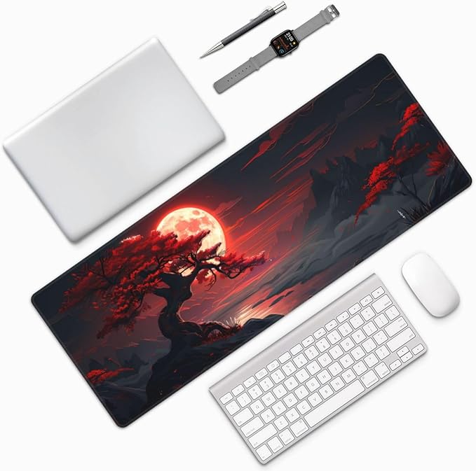 Extended Gaming Mouse Pad, Large Desk Mat XL Anime Mouse Pad Waterproof with Stitched Edges, Non-Slip Desktop Pad for Home and Office, Level Up Your 31.5x11.8 Inch (Darkness Red Moon)