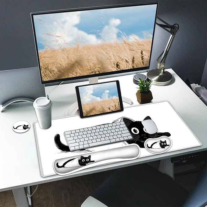Large Mouse pad and Keyboard Support Set, Ergonomic Memory Foam Keyboard Wrist Rest, Extended Gaming Mouse Pad with Stitched Edges, Socially Anxious Cat White XXL Desk Mat (31.5 X 11.8 in)