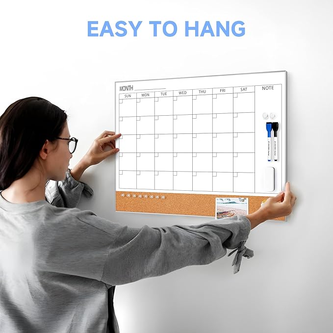 ARCOBIS Dry Erase Calendar with Cork Board for Wall, 24"x 18" Magnetic Calendar Whiteboard with Silver Frame, Monthly Combination Board for School, Home, Office