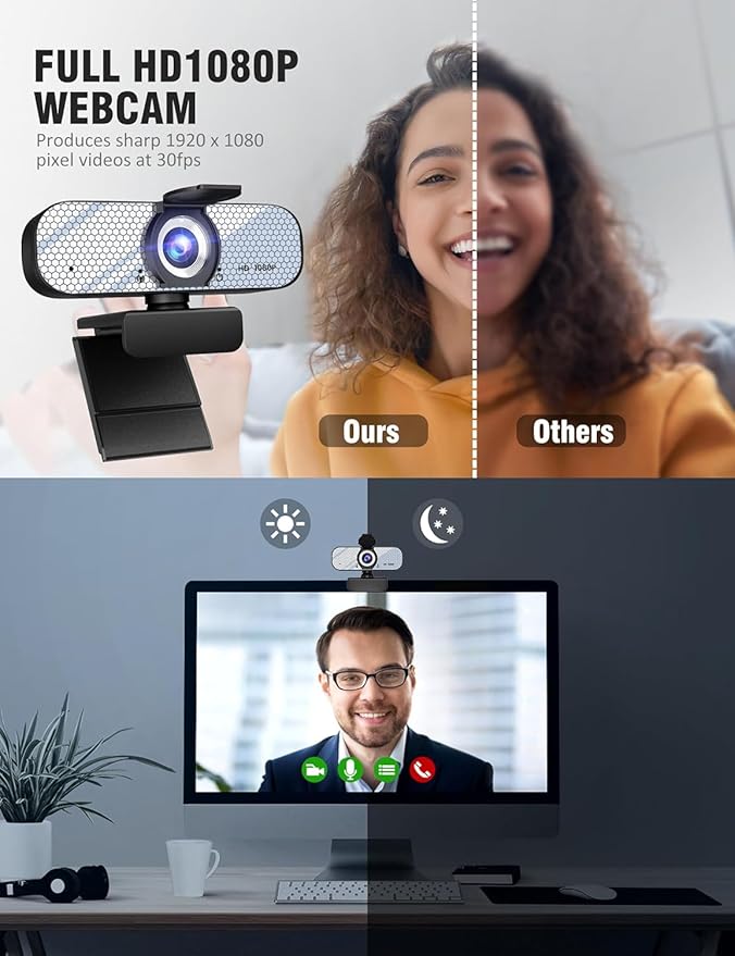 1080P HD Webcam with Built-in Microphone, Rotatable Tripod, Wide-Angle Lens,Privacy Cover, Auto Light Correction, Plug & Play USB-A Webcam for Laptop, Desktop, PC, Streaming-White