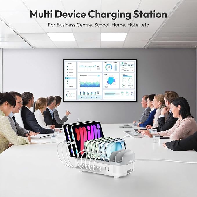 10 Ports Charging Station for Multiple Devices, 120W iPad Charging Station Organizer, USB Charging Docking with Cooling Fan, for iPhone, for iPad, Tablet, Kindle, ETL Listed (White)