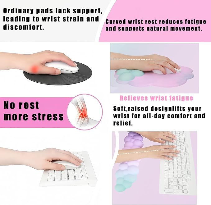 OUEST Cloud Wrist Rest Keyboard and Mouse Pad with Cute Ergonomic Memory Foam Non-Slip PU Base for Computer Mac Laptop Office Gaming-Cyan/Purple/Pink
