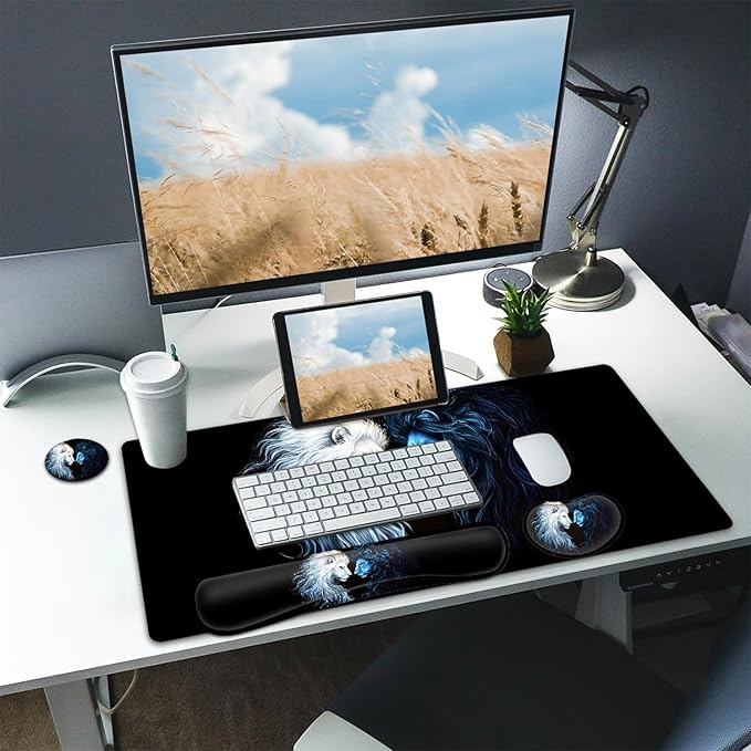 Large Mouse pad and Keyboard Support Set, Ergonomic Memory Foam Keyboard Wrist Rest, Extended Gaming Mouse Pad with Stitched Edges, Brother Lion XXL Desk Mat (31.5 X 11.8 in)