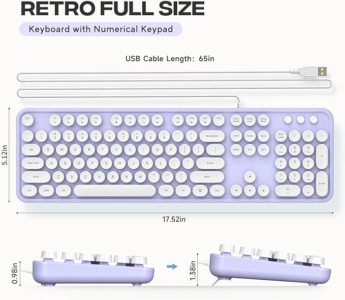 Wired Keyboard, Full-Sized Typewriter Keyboards, USB Plug and Play Office Keyboard with Number Pad, Caps Indicators, Foldable Stands for Windows, PC, Laptop, Desktop (Purple-White)