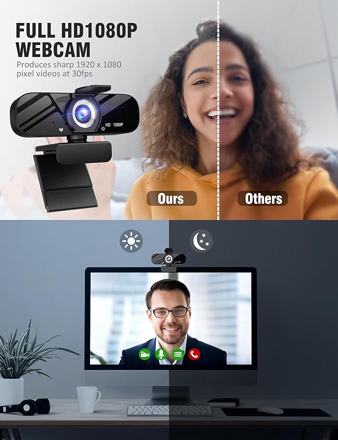 USB HD Webcam with Built-in Microphone and Rotatable Tripod, 1080P Video, Wide Angle Camera, Privacy Cover, for Desktop PC or Laptop Computer(Black)