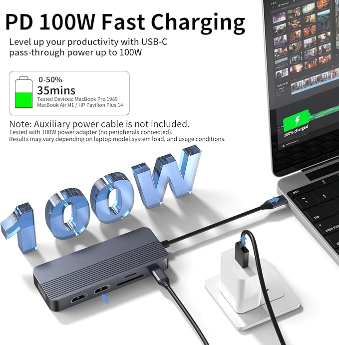Docking Station Dual Monitor, 10-in-1 USB C Hub with Dual 4K HDMI, VGA, 100W PD, 1 x USB 3.0, 2 x USB 2.0, SD/TF Card Reader, 3.5mm Audio, Ideal for HP/Dell/Lenovo/Mac Laptops