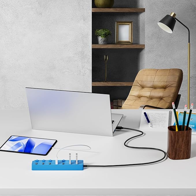 USB Hub 3.0, 7-Port USB Hub Splitter with Individual On/Off Switches and Lights, 3.2ft/1m Long Cable Compatible with MacBook, Laptop, Surface Pro, PS4, PC, Flash Drive, Mobile HDD-Blue