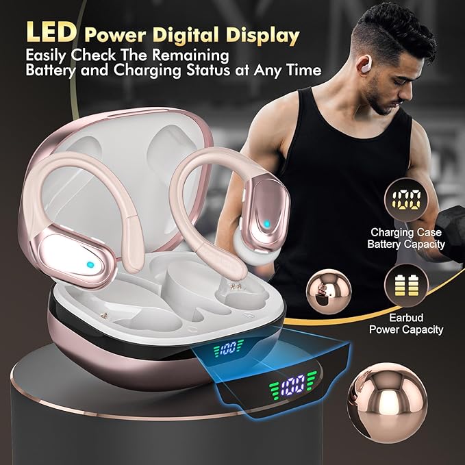 Wireless Earbuds, Sports Bluetooth Headphones, 80Hrs Playtime Ear Buds with LED Power Display, Noise Canceling Headset, IPX7 Waterproof Earphones for Workout/Running(Rose Gold)