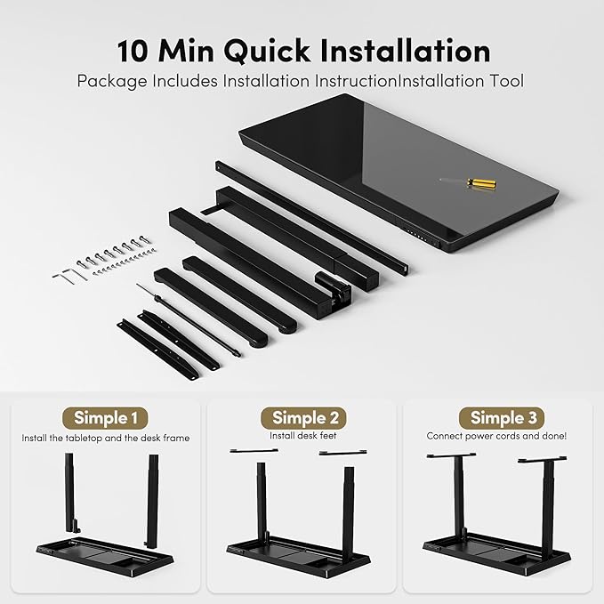 BANTI Electric Standing Desk with Drawers, 55 inch Whole-Piece Glass Desktop, Height Adjustable Stand up Sit Stand Home Office Ergonomic Workstation, Black Tabletop