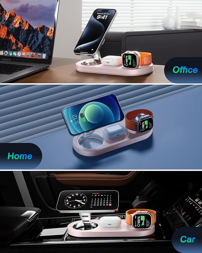 Upgraded 3 in 1 Wireless Charging Station for Apple Devices, Faster Mag-Safe Charger Stand, Magnetic Charger Station for iPhone 17/16/15/14/13/12 Series & AirPods Pro & Apple Watch Series (Pink)