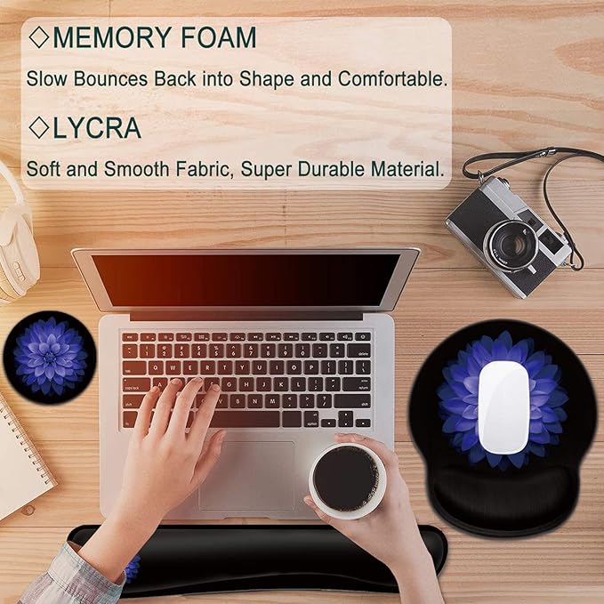 Keyboard Wrist Rest and Mouse Pad with Wrist Support, Ergonomic Gel Mouse Pad Coaster, Comfortable Lightweight for Easy Typing Pain Relief, Memory Foam Keyboard Mousepad Set,Purple Flowers