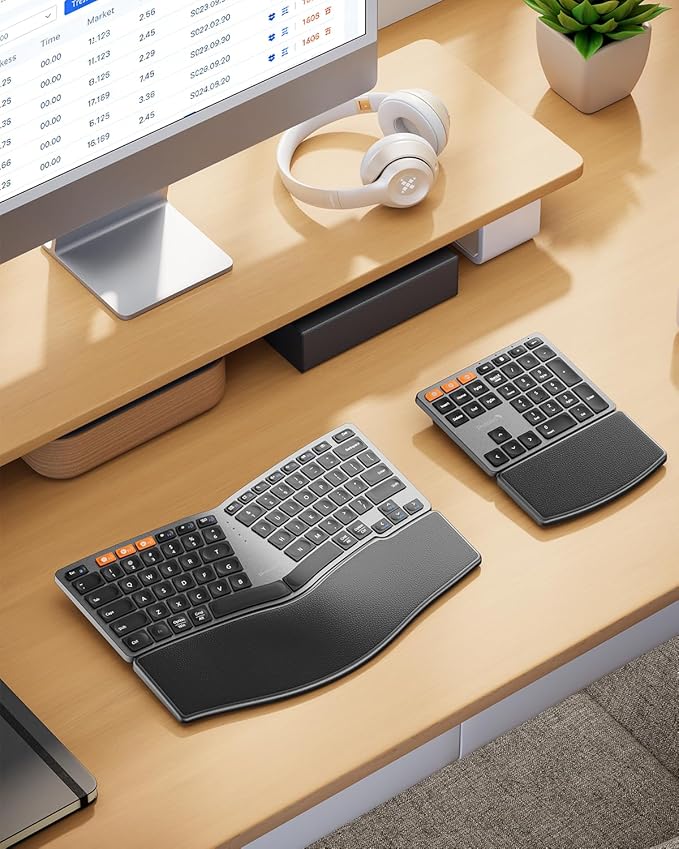 ProtoArc Bluetooth Ergonomic Keyboard, Wireless Ergonomic Keyboard with Separate Number Pad, Dual Bluetooth and USB, Hard Palm Rest, Split Design, Rechargeable for Windows/Mac/Android
