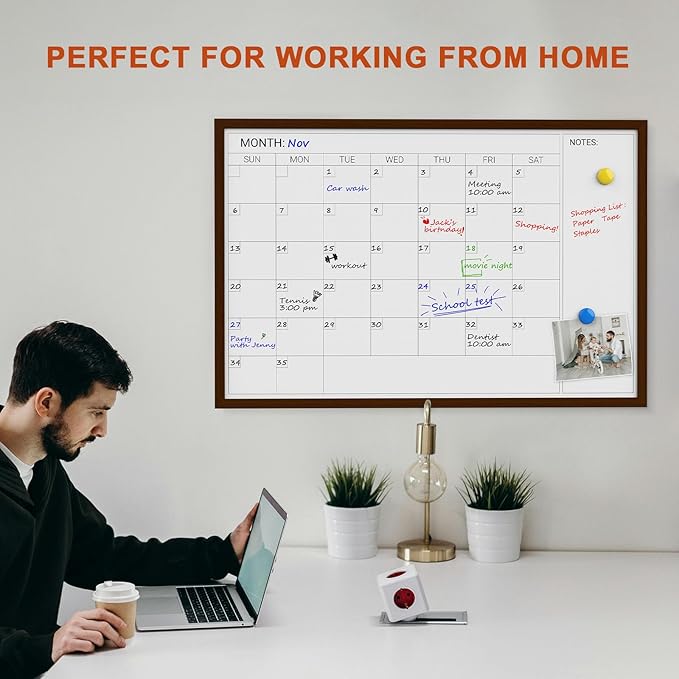 Comix Dry Erase Calendar Whiteboard for Wall, Magnetic Dry Erase White Calendar Board with Brown Wood Frame, 36 * 24 inches Decorative Planner Board for Office, Kitchen, School, Home