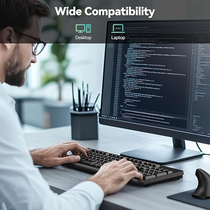 TECKNET Wireless Keyboard and Mouse Combo, Full-Size Ergonomic Keyboard & Optical Mouse, Low-Noise Typing & Clicking,Long Battery Life,Spill-Resistant,2.4G Lag-Free USB Receiver for PC,Laptop,Computer