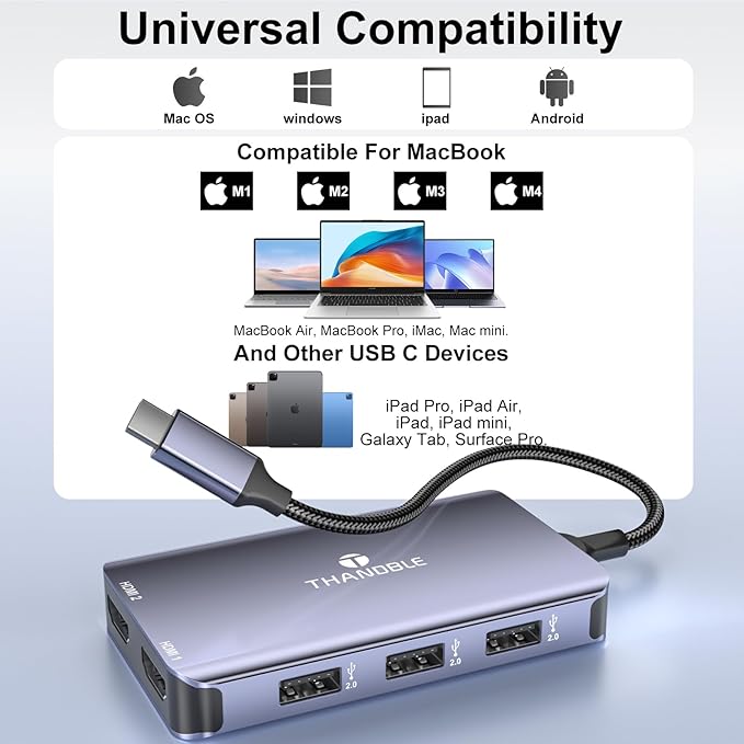 USB C to Dual HDMI Adapter, 6 in 1 Docking Station Dual Monitor, 3*USB-A Data Ports, 100W PD, HDMI Splitter Extended Display Laptop USB C Hub for MacBook, HP, Dell and More