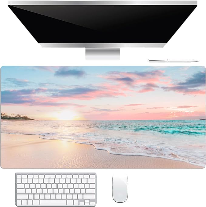 LB Coastal Beach Sunset Mouse Pad Nature Teal Ocean Large Mouse Pad for Desk Modern Aesthetic Extended Desk Pad Non-Slip Rubber Base Computer Mouse Mat for Home Office Gaming 15.7L X 31.5W Inch