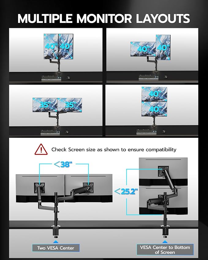 ARES WING Dual Monitor Mount - Ultrawide Monitor Arm for 40 34 32 27 Inch Heavy Duty Curved Screen Up to 26.4 lbs with Clamp/Grommet Desk Mount, 75/100 Vesa Mount, Black