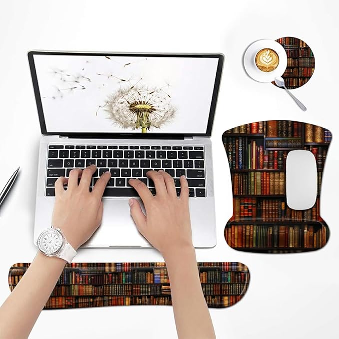 Ergonomic Mouse Pad with Wrist Support Gel Mousepads and Upgrade Keyboard Wrist Rest Pad Set, Coasters Non-Slip PU Base Mouse Mat for Office Gaming Computer Laptop Home, Library Books