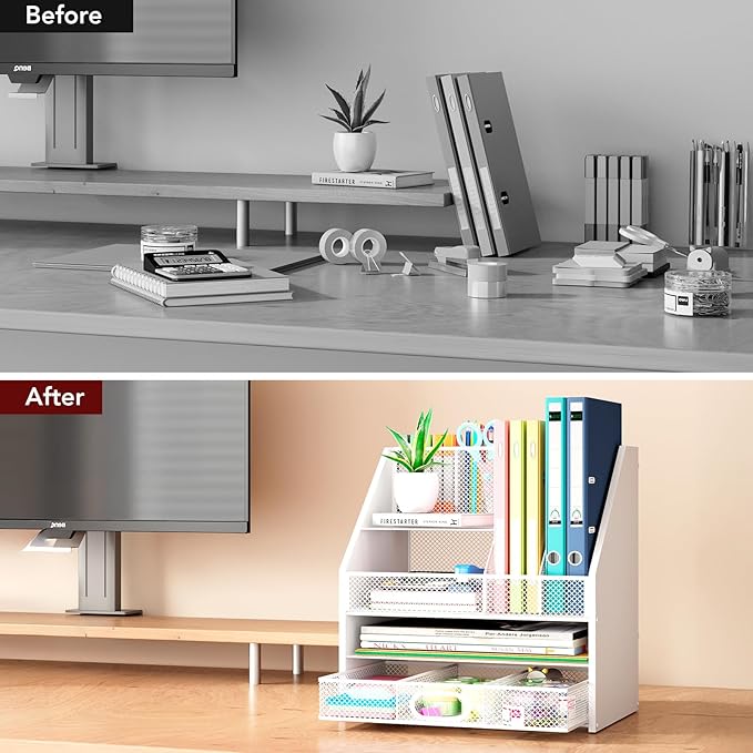 Wooden Desk Organizer - Mesh File Organizer with Drawers and Pen Holder - 4-Tier Vertical Paper Letter Storage Tray, Desktop Organizers and Accessories for Home Office (White