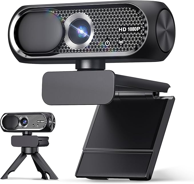 1080P HD Webcam with Rotatable Tripod and Mic, Noise Cancellation, Privacy Cover, Wide-Angle Lens, Auto Light Correction, Plug & Play USB Webcam for Laptop, Desktop, PC, Mac, Zoom, Skype, Streaming