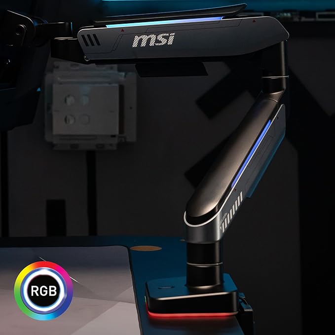 MSI MPG MT201R V2 - Premium RGB Single Monitor Stand Arm, Supports 17-49" Screens and 44 lbs, VESA Compatible, Adjustable Heavy Duty Gas Spring Mount, Clamp & Grommet, Quick Release Plate - Gray