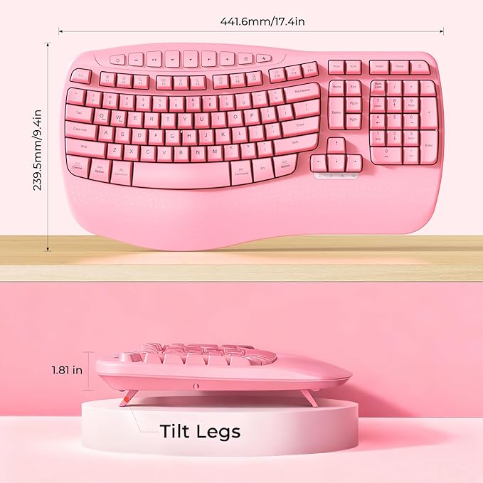 MEETION Wireless Ergonomic Keyboard, Wave Keys Wrist Rest Natural Typing Keyboard, 2.4G USB-A Cordless Receiver and USB-C Adapter, Ergo Computer Keyboard Compatible with Windows/Mac/Laptop/PC, Pink
