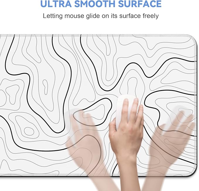 Mouse Pad Gaming Mousepad 31.5 x 11.8 in Large Mouse Pad for Keyboard and Mouse with Anti-Slip Rubber Base, Keyboard Pad XL Mouse Mat for Home and Office(White with Black Topographic Line)