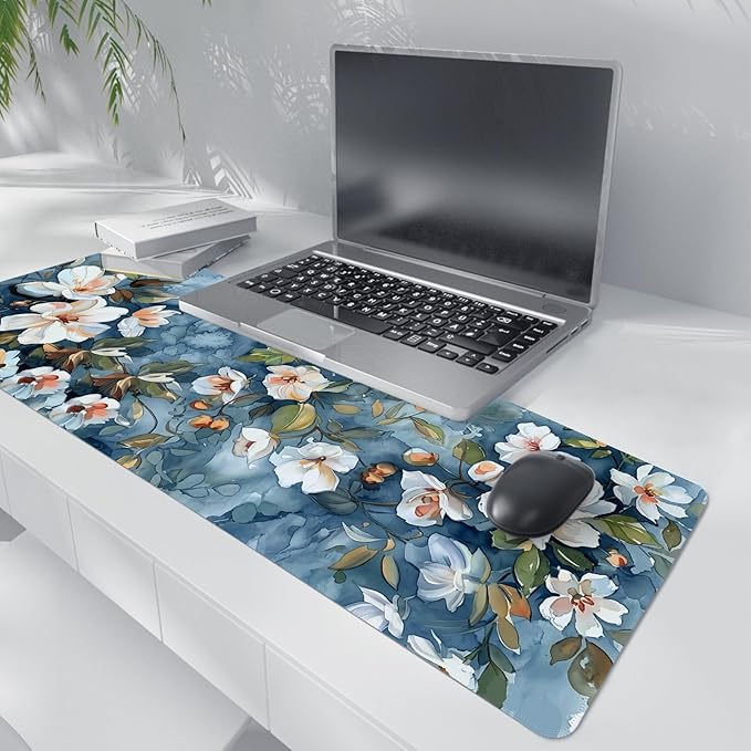 Navy Blue Vintage Watercolor Flowers Mouse Pad,Aesthetic Summer Flower Desk Mat,Spring White Wildflowers Mouse Pad,Elegant Botanical Mousepad for Home Office Dorm Desktop Decor,31.5x11.8 Inch