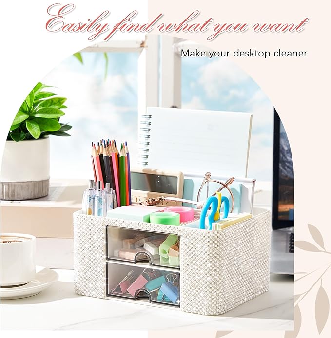 White Bling Desk Organizer with 2 Drawer, Sparkly Makeup Organizer for Vanity, Girly Desk Accessories, Rhinestone Pen Holder, Elevate Your Workspace with White Serenity (Pearl)
