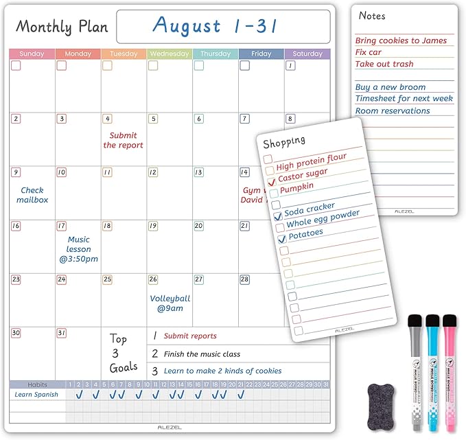Dry Erase Calendar for Fridge Magnetic, Monthly Fridge Whiteboard Set - Vertical Magnetic Calendar for Refrigerator, Shopping List & to Do List White Board, 3 Markers + Eraser